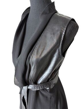 SO NICE Black Faux Leather Chiffon Tunic Vest Asymmetrical Tie Belt Size Medium